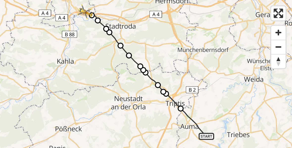 Flugroute Rettungshubschrauber Auma-Weidatal - Jena, 19 Juni 2026, 08:12