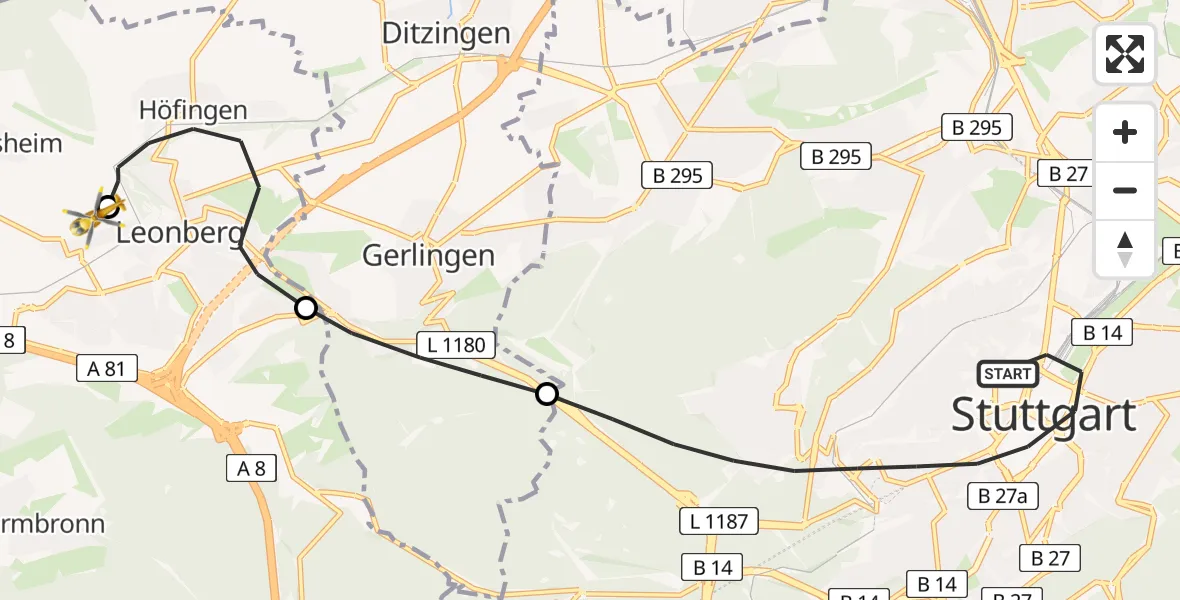Flugroute Rettungshubschrauber Stuttgart - Leonberg Hospital, 19 Juni 2026, 08:21