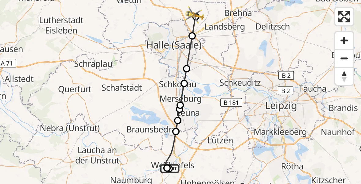 Flugroute Rettungshubschrauber Asklepios Clinic Weißenfels - Halle-Oppin Flugplatz, 19 Juni 2026, 08:29