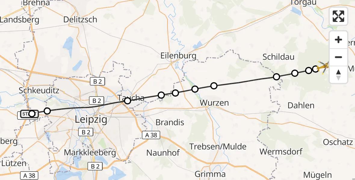 Flugroute Rettungshubschrauber ADAC Air Rescue Station Leipzig/Schkeuditz-Dölzig Hubschrauberlandeplatz (Christoph 61) - Belgern-Schildau, 19 Juni 2026, 08:33