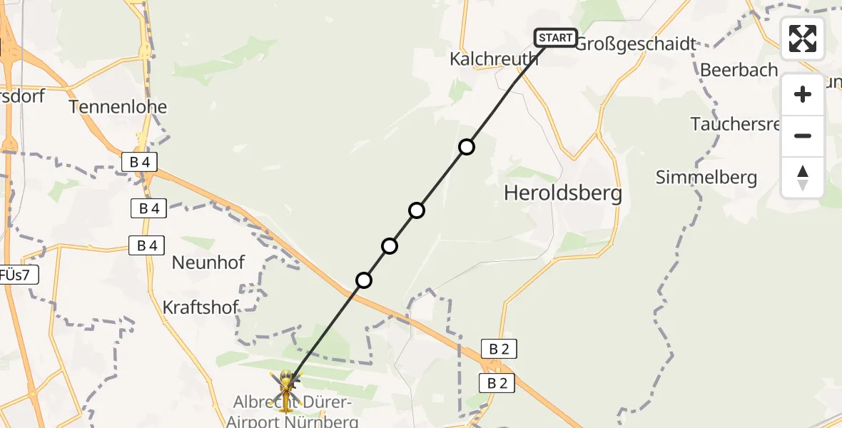 Flugroute Rettungshubschrauber Kalchreuth - Flughafen Nuremberg, 19 Juni 2026, 08:35