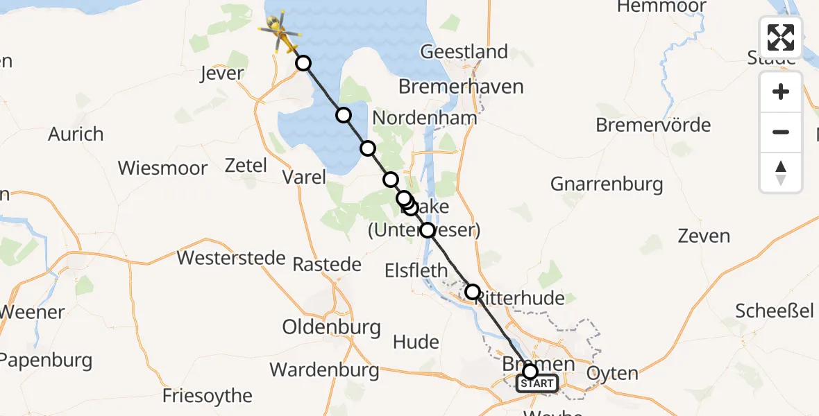Flugroute Rettungshubschrauber Flughafen Bremen - Wangerland, 19 Juni 2026, 08:43