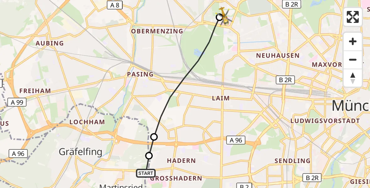 Flugroute Rettungshubschrauber DRF Air Rescue München Hubschrauberlandeplatz - Dritter Orden University Hospital, 19 Juni 2026, 08:49