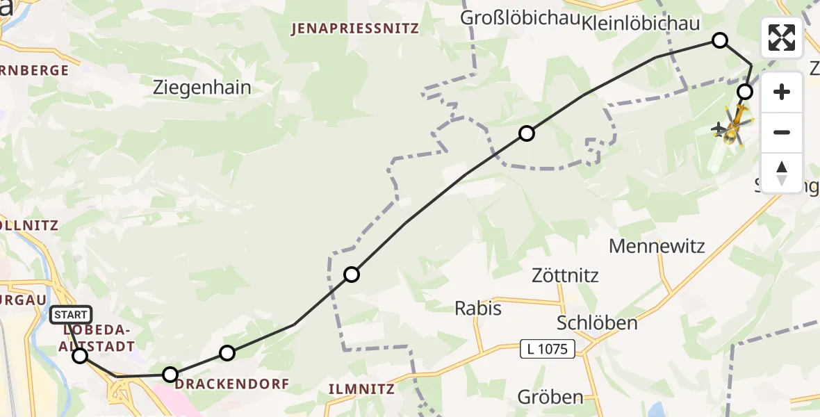 Flugroute Ambulanzhubschrauber Lobeda Hubschrauberlandeplatz - Jena-Schöngleina Flugplatz, 19 Juni 2026, 08:50