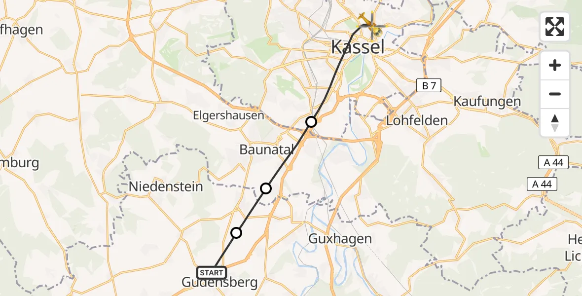 Flugroute Rettungshubschrauber Gudensberg - Kassel, 19 Juni 2026, 08:55