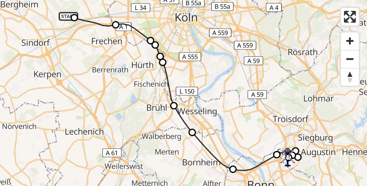 Flugroute Polizeihubschrauber Bergheim - Sankt Augustin, 19 Juni 2026, 09:00