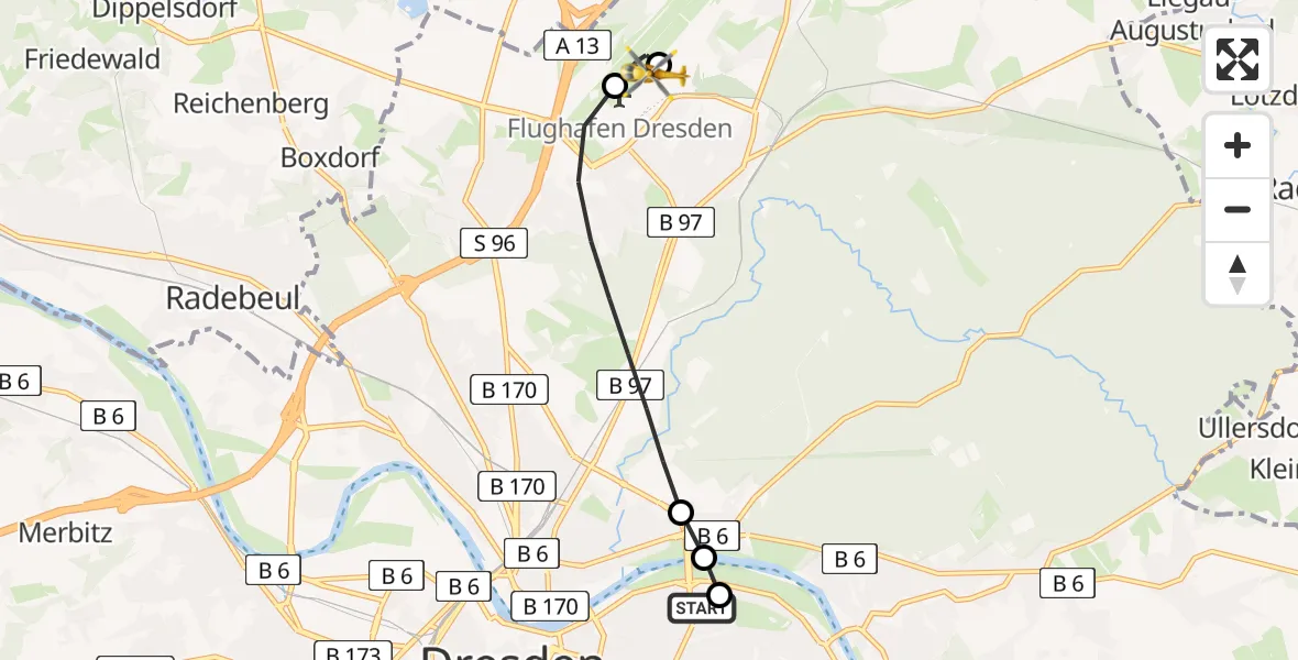 Flugroute Rettungshubschrauber Dresden University Hospital - Dresden Flughafen, 19 Juni 2026, 09:05