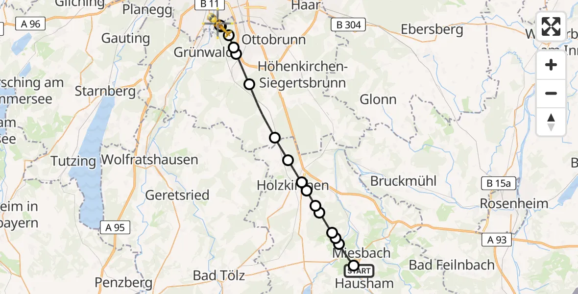 Flugroute Rettungshubschrauber Agatharied Hospital - ADAC Air Rescue Center Hubschrauberlandeplatz (Christoph 1), 19 Juni 2026, 09:12