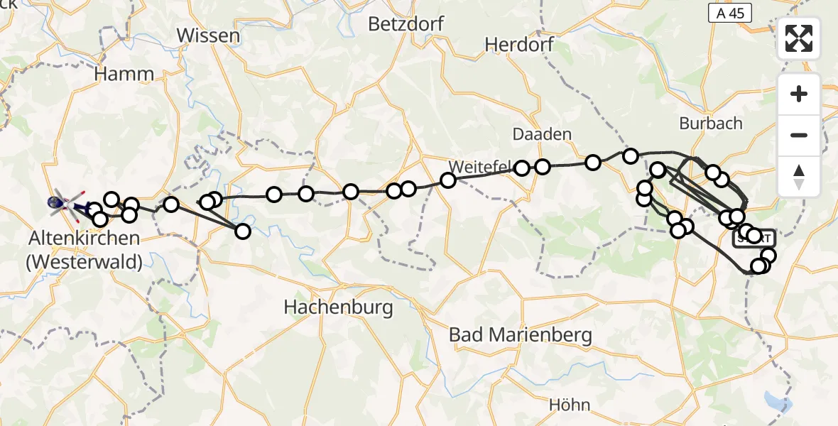 Flugroute Polizeihubschrauber Burbach - Altenkirchen (Westerwald), 19 Juni 2026, 09:12