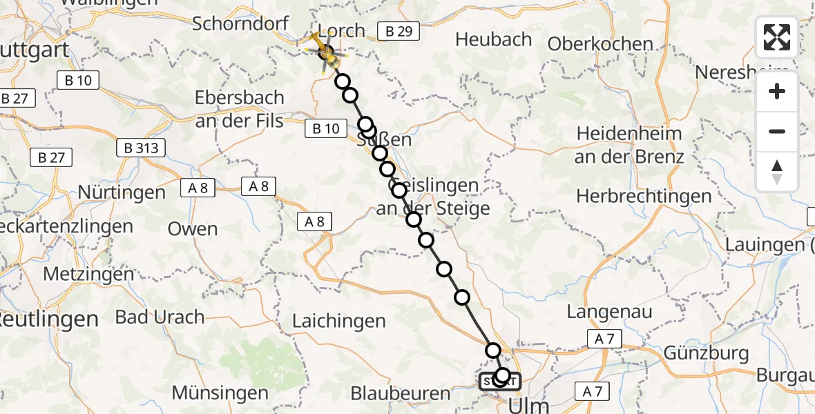 Flugroute Rettungshubschrauber Ulm Military Hospital Emergency - Lorch, 19 Juni 2026, 09:14