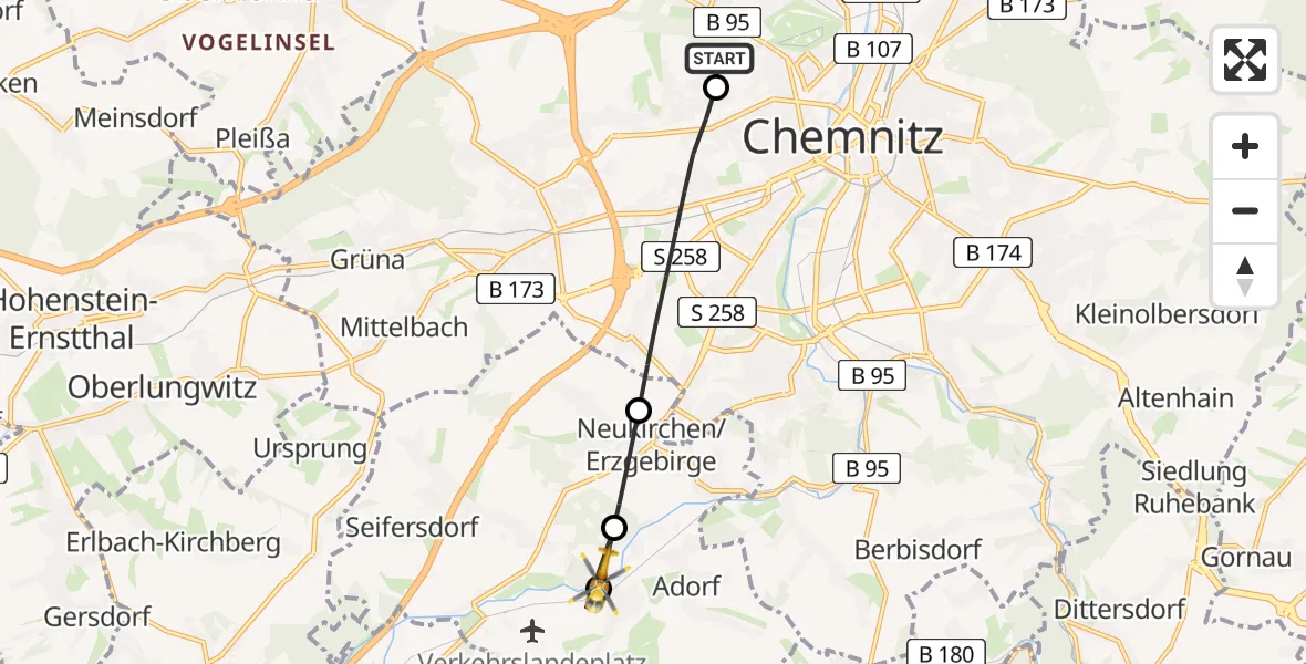 Flugroute Rettungshubschrauber Flemmingstraße Hospital Rooftop - Jahnsdorf/Erzgeb., 19 Juni 2026, 09:15