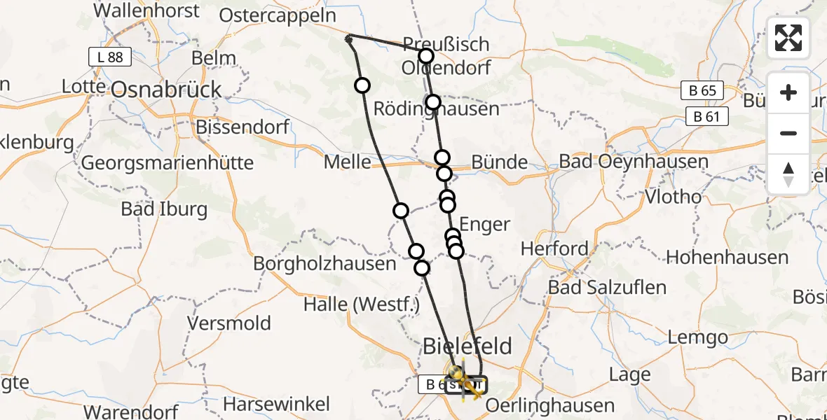 Flugroute Rettungshubschrauber Luftrettungszentrum Bielefeld - Luftrettungszentrum Bielefeld, 19 Juni 2026, 09:16