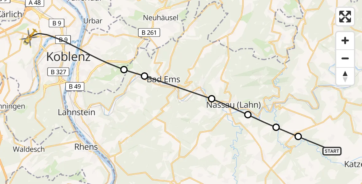 Flugroute Rettungshubschrauber Kördorf - Koblenz, 19 Juni 2026, 09:19