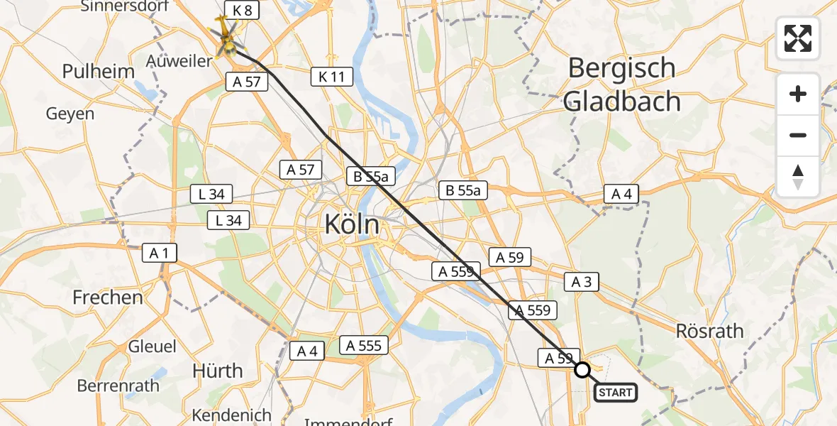 Flugroute Rettungshubschrauber Köln Bonn Flughafen - Köln, 19 Juni 2026, 09:20