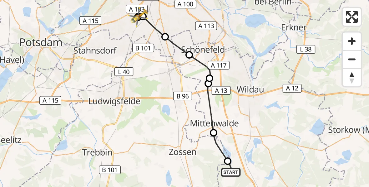 Flugroute Rettungshubschrauber Mittenwalde - Berlin, 19 Juni 2026, 09:25