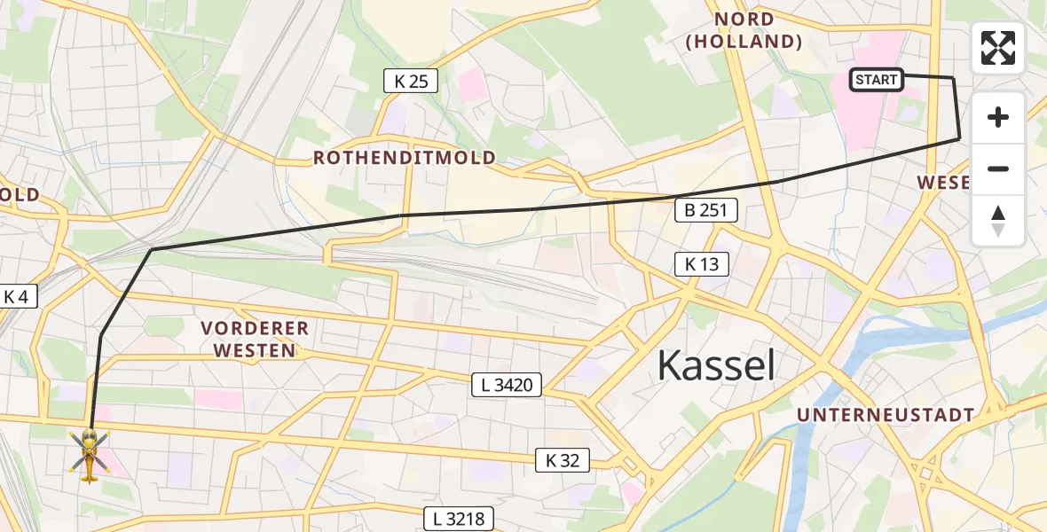 Flugroute Rettungshubschrauber Kassel - Kassel, 19 Juni 2026, 09:25