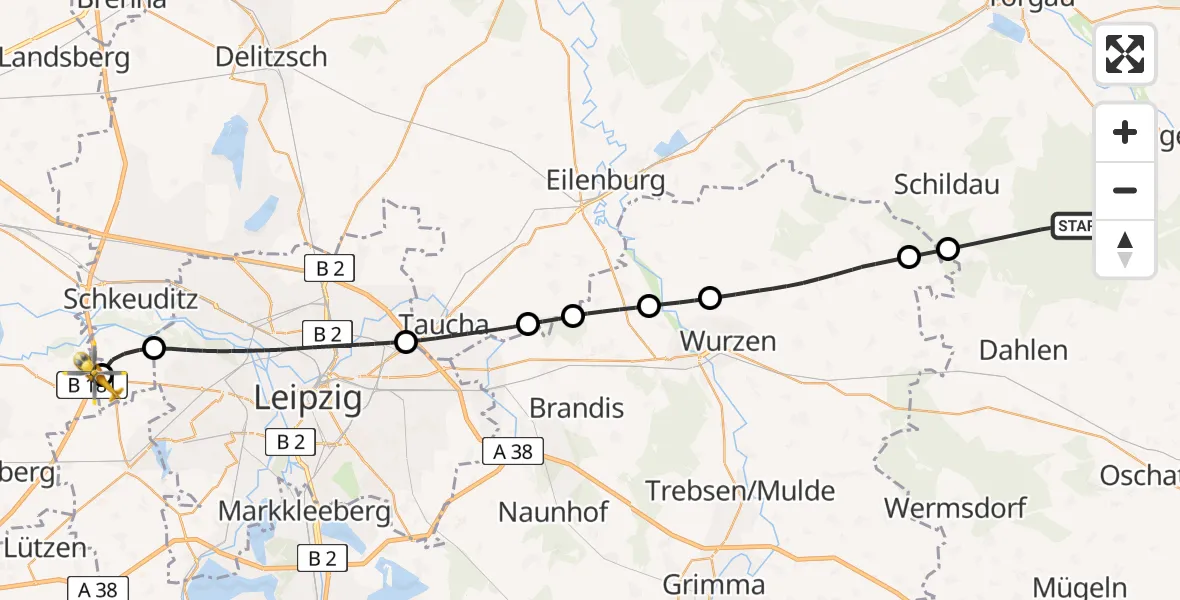 Flugroute Rettungshubschrauber Belgern-Schildau - ADAC Air Rescue Station Leipzig/Schkeuditz-Dölzig Hubschrauberlandeplatz (Christoph 61), 19 Juni 2026, 09:26