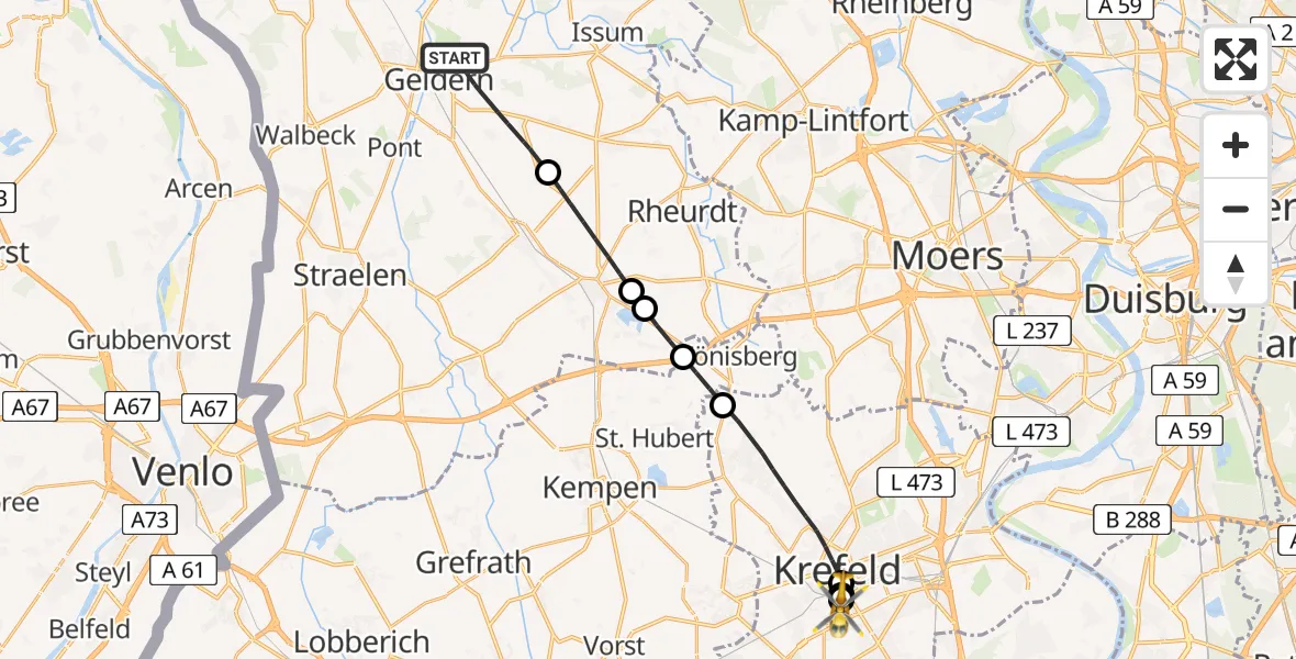 Flugroute Rettungshubschrauber Geldern - Helios Clinic Krefeld, 19 Juni 2026, 09:27