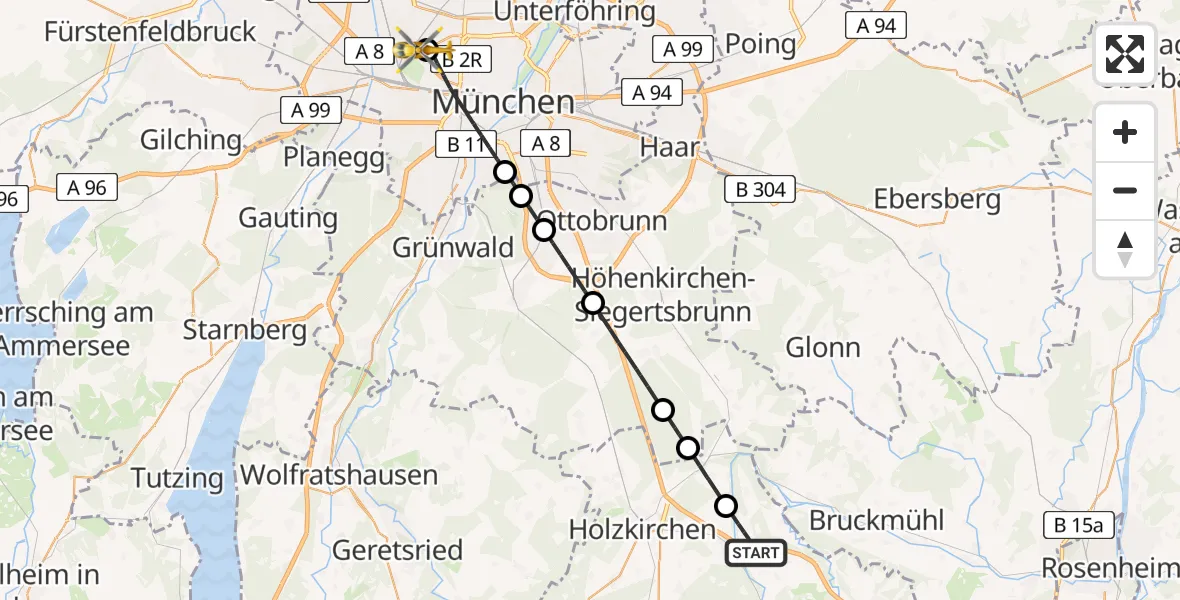 Flugroute Rettungshubschrauber Weyarn - Dritter Orden University Hospital, 19 Juni 2026, 09:28