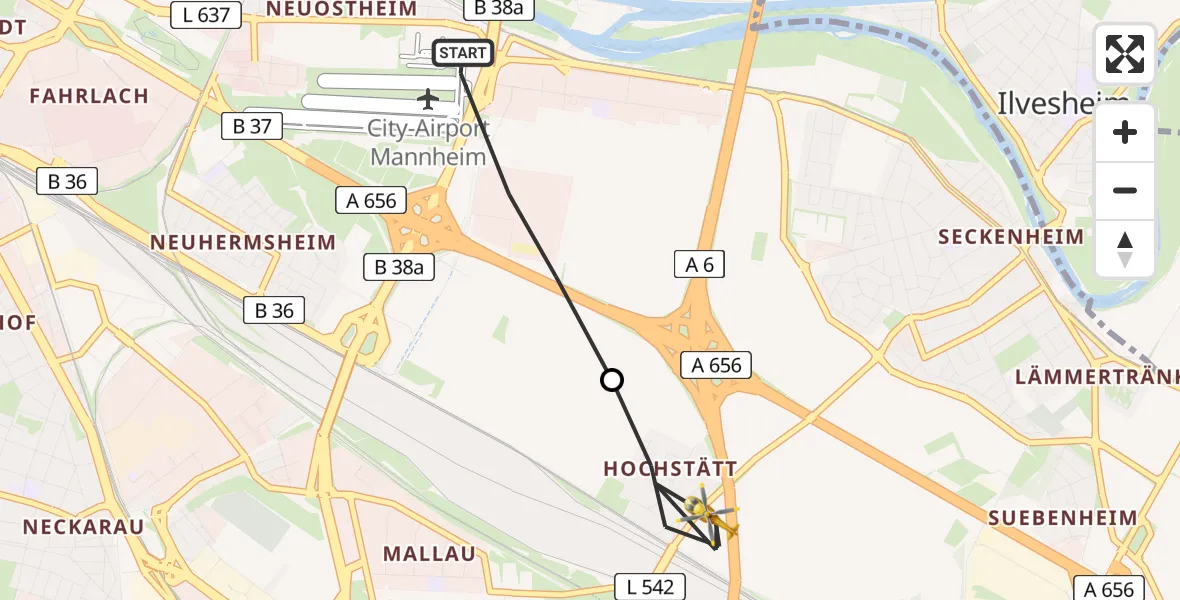 Flugroute Rettungshubschrauber Mannheim-City Flughafen - Mannheim, 19 Juni 2026, 09:29