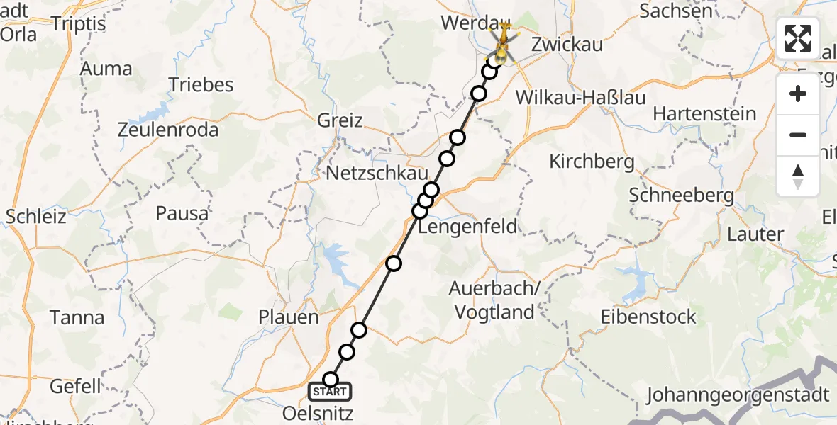Flugroute Rettungshubschrauber Oelsnitz/Vogtl. - Werdau, 19 Juni 2026, 09:30