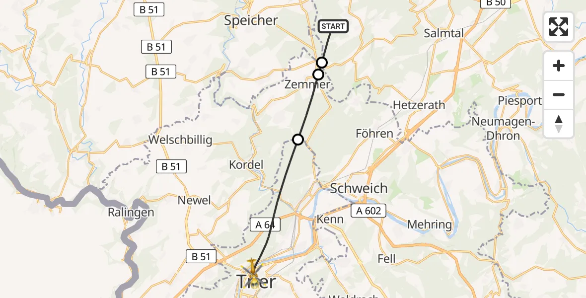 Flugroute Rettungshubschrauber Niersbach - Trier, 19 Juni 2026, 09:32