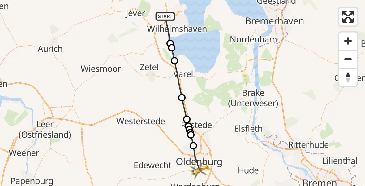 Flugroute Rettungshubschrauber Wilhelmshaven - Oldenburg (Oldb), 19 Juni 2026, 09:32