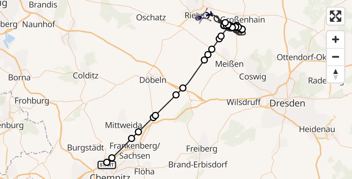 Flugroute Polizeihubschrauber Chemnitz-Glösa Industrial Park Hubschrauberlandeplatz - Riesa, 19 Juni 2026, 09:38