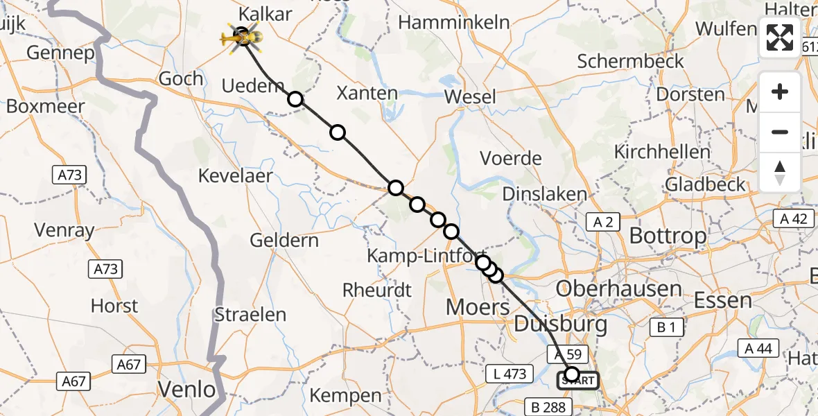 Flugroute Rettungshubschrauber Duisburg Air Rescue Hubschrauberlandeplatz (Christoph 9) - Uedem, 19 Juni 2026, 09:40