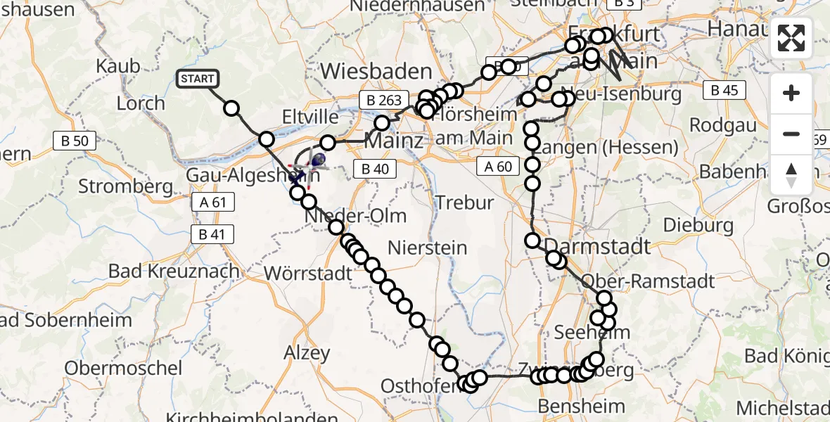 Flugroute Polizeihubschrauber Geisenheim - Ingelheim am Rhein, 19 Juni 2026, 09:45