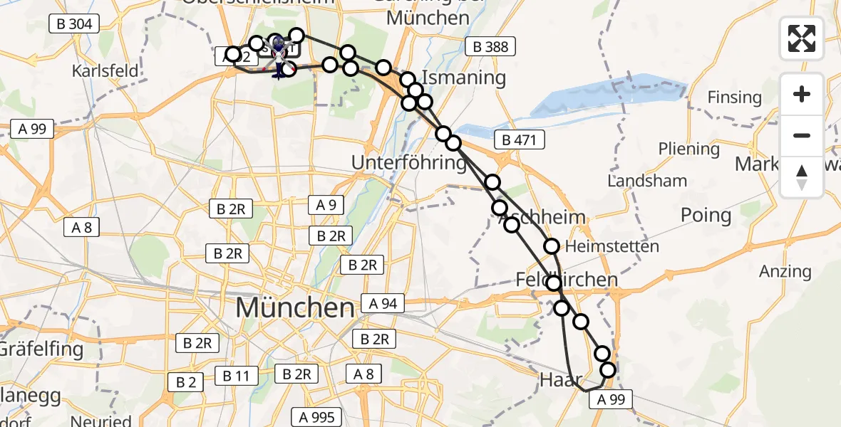 Flugroute Polizeihubschrauber Oberschleissheim Hubschrauberlandeplatz - Oberschleißheim, 19 Juni 2026, 09:50