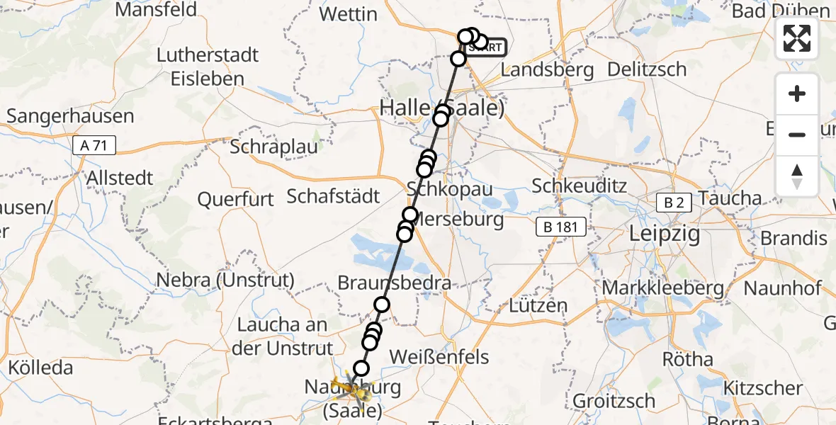 Flugroute Rettungshubschrauber Halle-Oppin Flugplatz - Naumburg (Saale), 19 Juni 2026, 09:51