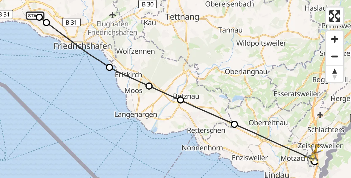 Flugroute Rettungshubschrauber Friedrichshafen Hospital - Sigmarszell, 19 Juni 2026, 09:54