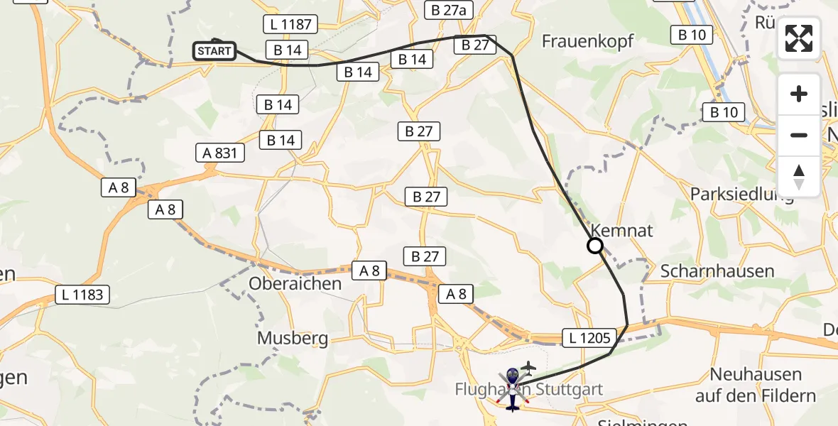 Flugroute Polizeihubschrauber Stuttgart - Flughafen Stuttgart, 19 Juni 2026, 09:59