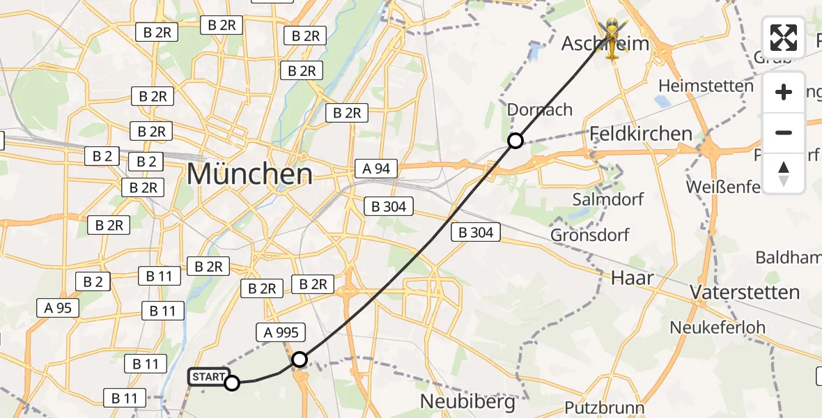 Flugroute Rettungshubschrauber ADAC Air Rescue Center Hubschrauberlandeplatz (Christoph 1) - Aschheim, 19 Juni 2026, 10:00