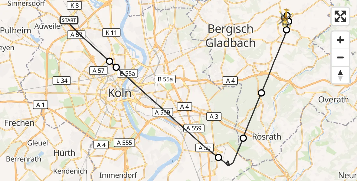 Flugroute Rettungshubschrauber Köln - Kürten, 19 Juni 2026, 10:00