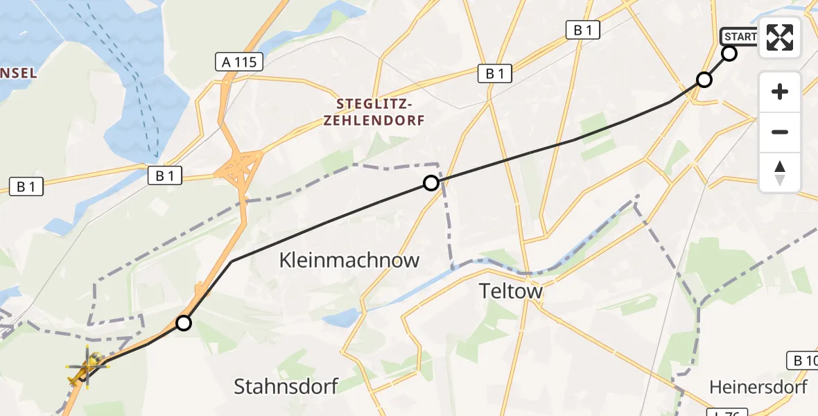 Flugroute Rettungshubschrauber Charité Clinic Benjamin Franklin Campus - Stahnsdorf, 19 Juni 2026, 10:02