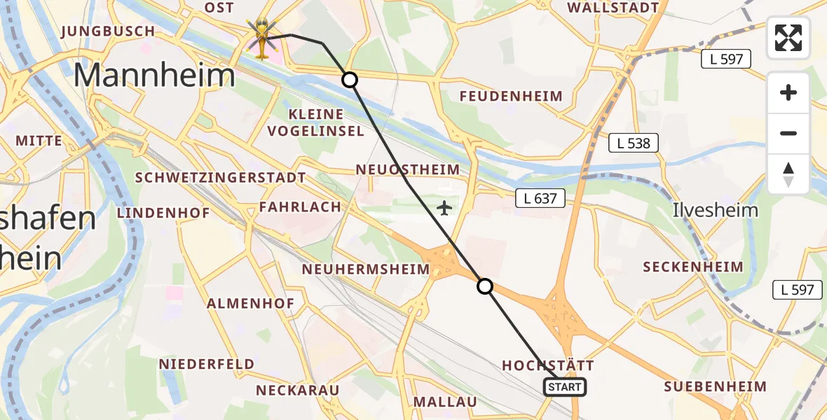 Flugroute Rettungshubschrauber Mannheim - Mannheim, 19 Juni 2026, 10:07