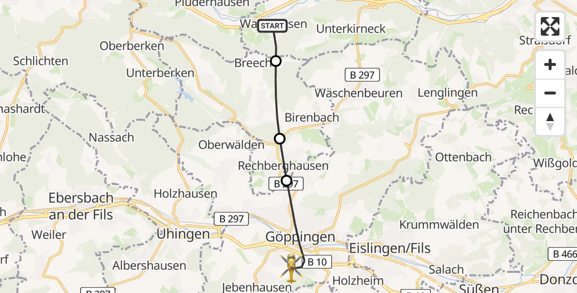 Flugroute Rettungshubschrauber Lorch - Göppingen, 19 Juni 2026, 10:11
