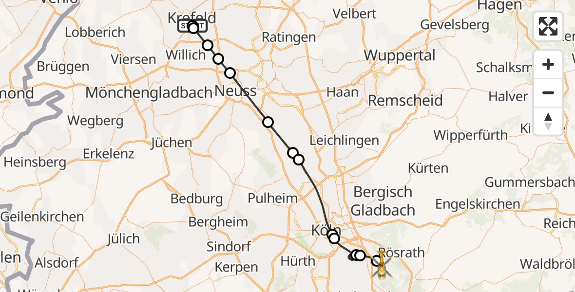 Flugroute Rettungshubschrauber Helios Clinic Krefeld - Köln Bonn Flughafen, 19 Juni 2026, 10:14