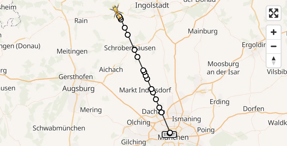 Flugroute Rettungshubschrauber Deutsches Herzzentrum München - Neuburg a.d.Donau, 19 Juni 2026, 10:16