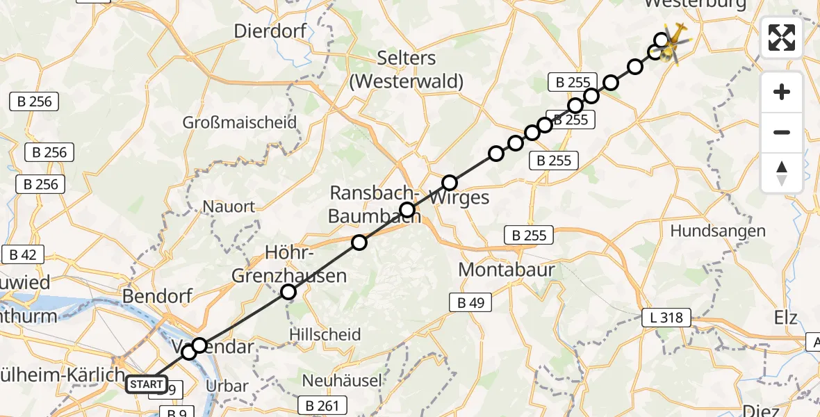 Flugroute Rettungshubschrauber Koblenz - Westerburg, 19 Juni 2026, 10:16