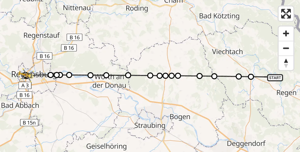 Flugroute Rettungshubschrauber Teisnach - Barmherzige Brüder (Brothers of Mercy) Hospital Regensburg, 19 Juni 2026, 10:17