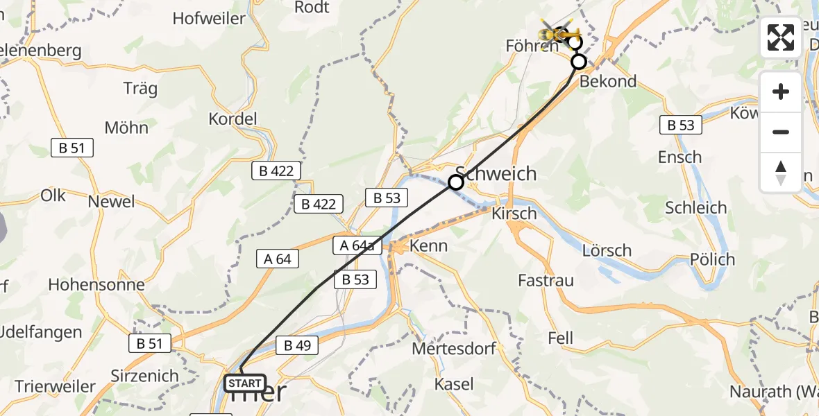 Flugroute Rettungshubschrauber Trier - Föhren, 19 Juni 2026, 10:25