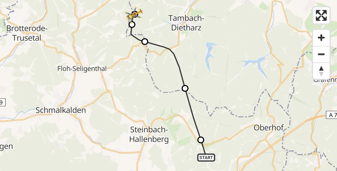 Flugroute Rettungshubschrauber Zella-Mehlis - Georgenthal, 19 Juni 2026, 10:25