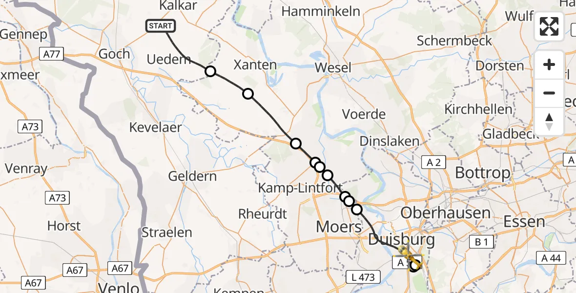 Flugroute Rettungshubschrauber Uedem - Duisburg, 19 Juni 2026, 10:29