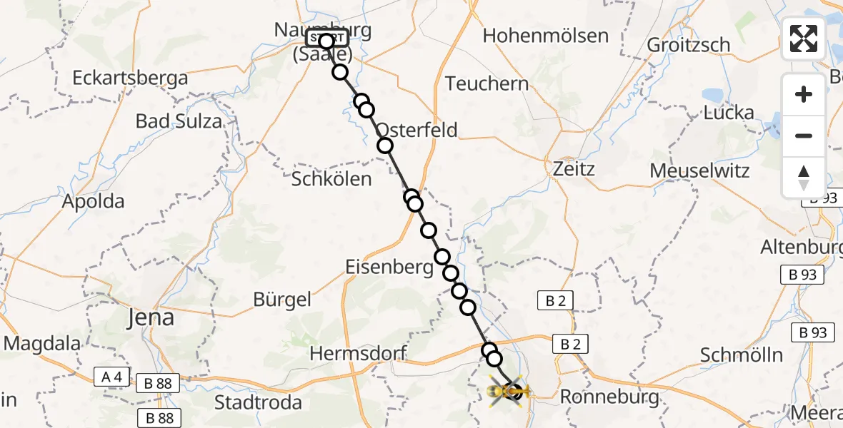 Flugroute Rettungshubschrauber Naumburg Hospital - SRH Wald-Klinikum Gera Hospital, 19 Juni 2026, 10:30