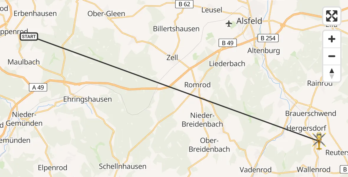 Flugroute Rettungshubschrauber Homberg (Ohm) - Schwalmtal, 19 Juni 2026, 10:35
