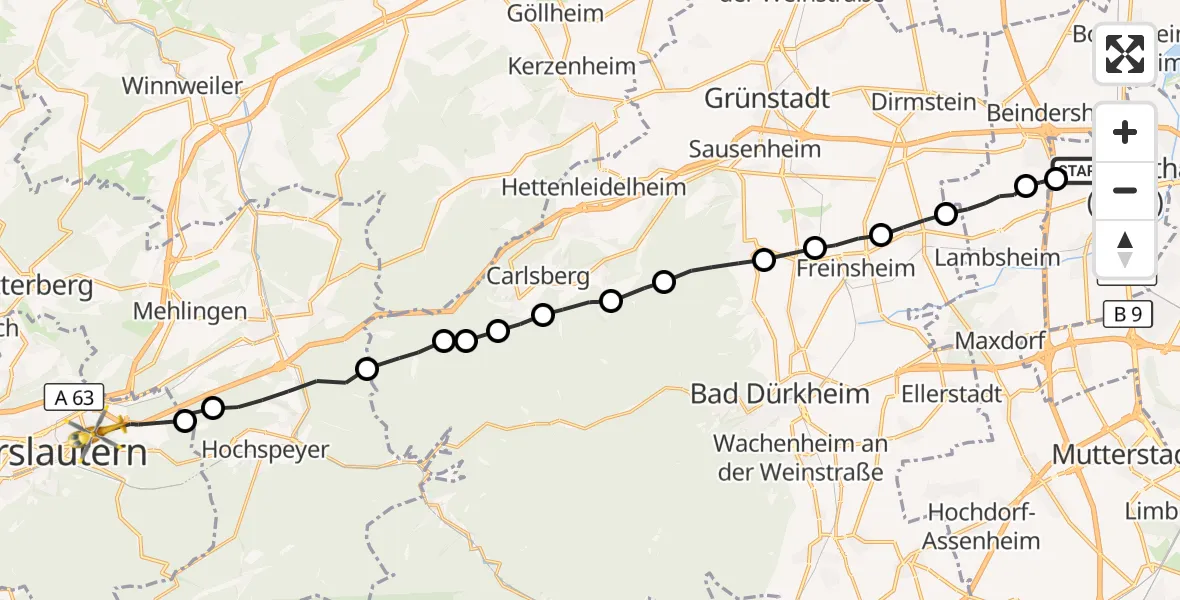 Flugroute Rettungshubschrauber Frankenthal (Pfalz) - Kaiserslautern, 19 Juni 2026, 10:37