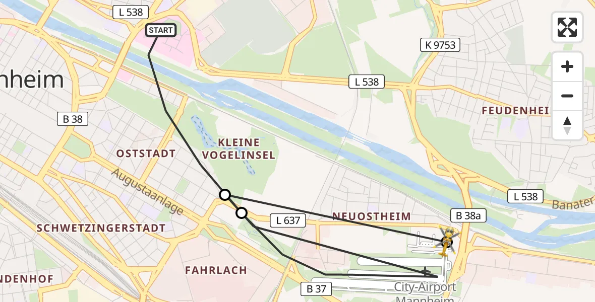 Flugroute Rettungshubschrauber Mannheim - Mannheim-City Flughafen, 19 Juni 2026, 10:38